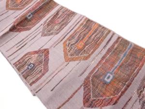 手織り真綿紬すくい織横段に幾何学模様織出し名古屋帯